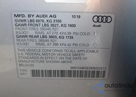 2019 Audi E-Tron Prestige из США, поврежденный, VIN WA1VABGEXKB022413